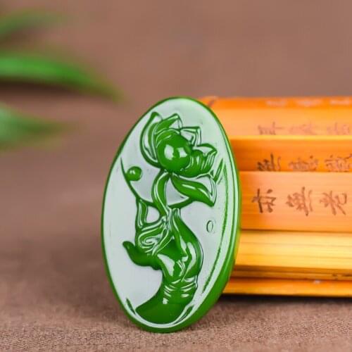 Natural Green Chinese Jade Lotus Pendant Necklace Hand-Carved Jadeite Charm Jewelry Accessories Amulet Fashion Men Women Gifts