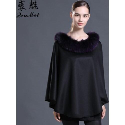 Luxury Brand Ladies Wool Coat Women Winter Shawl Real Fox Fur Collar Cashmere Jacket Loose Poncho Capes Female Real Fur Coat