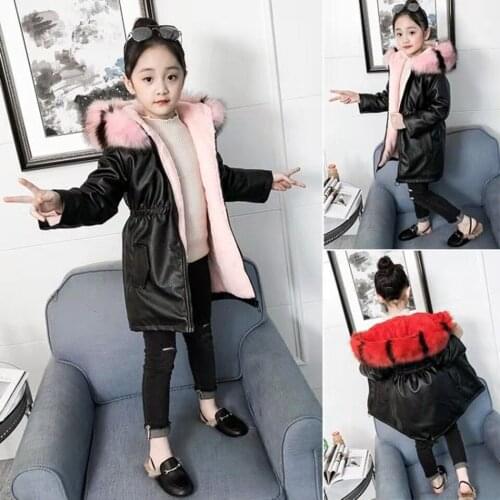 Winter Snow Wear Girl Clothing Kids Faux Leather Parkas Outwear Girl Baby Warm Parka Hooded Coat Overcoat 6 7 8 9 10 12 13 Yrs