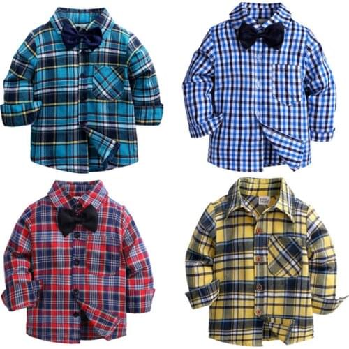 Fashion Plaid Clothing Kids Boys Girls Shirts Cotton Long Sleeve Bow Tie Baby Boy Shirts Spring Autumn Children Clothes Tops