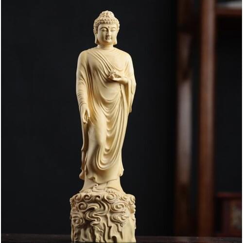 Boxwood 20cm Amitabha Buddha Sculpture Wood Carving Sakyamuni Statue Worship Home Decor