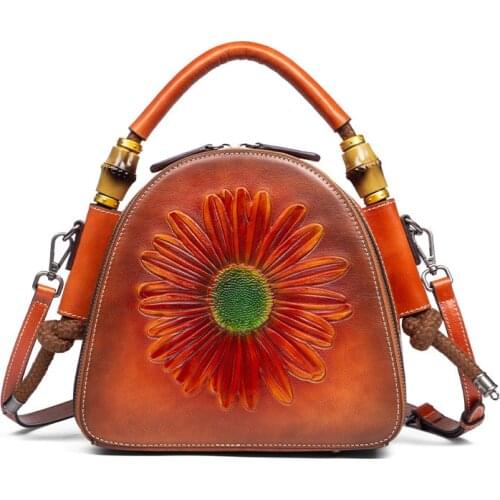 Women Genuine Leather Messenger Cross Body Tote Bag Handbag Embossed Sun Flower Designer Female Real Cowhide One Shoulder Bags