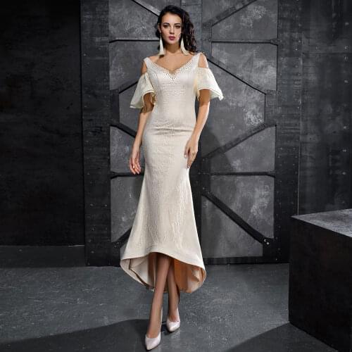 Mermaid V Neck Hi-Lo Evening Dress Open Back Zipper Beaded Elegant Ankle Length Formal Party Gown