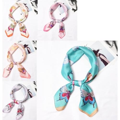 Yishine 20pc Mix Colors Multifunction Butterflies Printed Womens Satin Small Square Wraps Scarves Shaw Polyester Silk Scarf