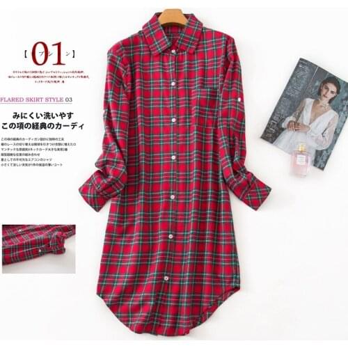 Ladies Plaid Nightdress Long Nightgown Autumn Winter Cotton Cartoon Nighties Womens Pyjamas Sleepwear Sleeping Dress Plus Size