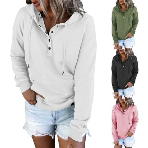Autumn Women Solid Color Polyester Hoodies Adults Casual Long Sleeve Hooded Sweatshirt with Drawstring Pocket