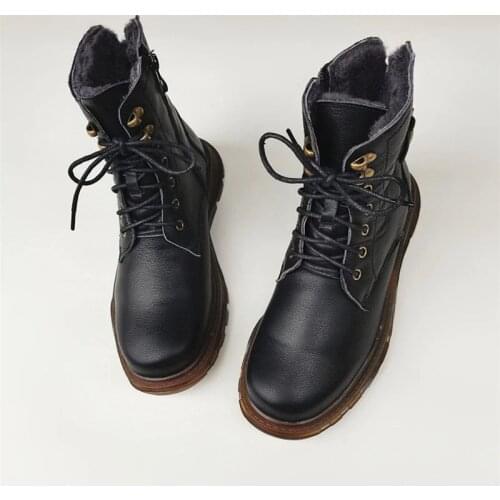 Womens Boots Natural Wool Snow Shoes 100% Genuine Leather Women Ankle Boots Thick Sole Warm Martin Boots Anti-slip