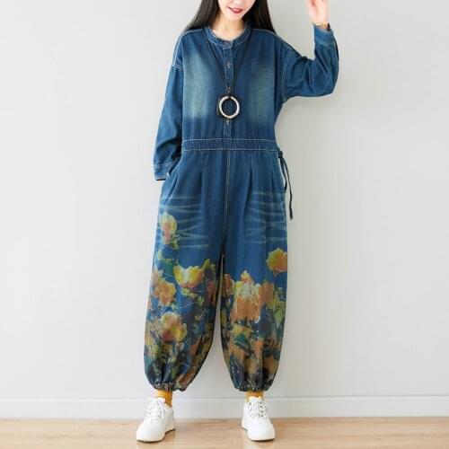 Johnature Women Denim Vintage Jumpsuits Print Floral 2021 Spring New O-Neck Long Sleeve Button Loose Female Belt Jumpsuits