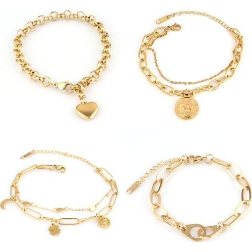 Four Leaf Clover Coin Heart Pendant Bracelets Stainless Steel Bracelet Punk Chain Charm Bracelets For Women Bracelet Jewelry