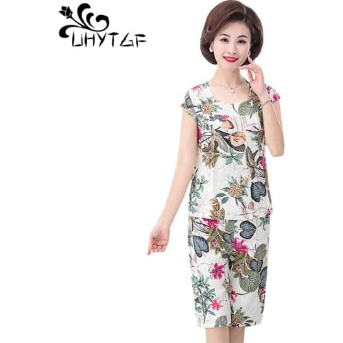 UHYTGF Womens summer suit Cotton silk printing short sleeve top tracksuit elegant mother comfortable plus size 2 piece set 1651