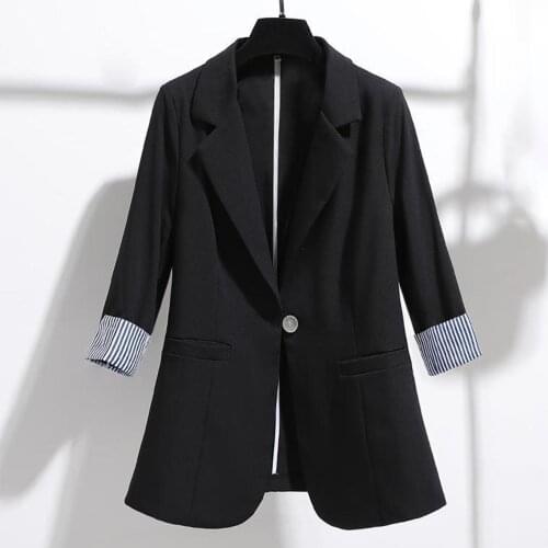 New Stylish Women Autumn 3/4 Sleeve Office Lapel Button Slim Blazer Coat Striped Cuff Office Jacket Cardigan