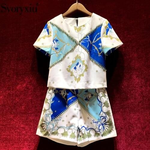 Svoryxiu Runway Designer Summer Casual Two Piece Set Womens Short Sleeve Diamond Print Tops + Shorts Fashion Suit