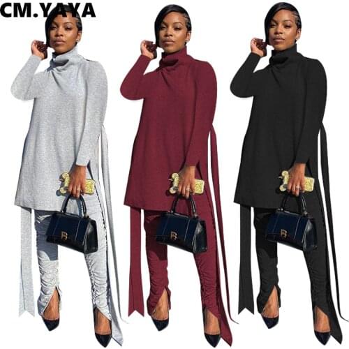 CM.YAYA Activewear Womens Set High Split Tops Stacked Flare Pants Set Street Tracksuit Fitness Two Piece Matching Set Outfits