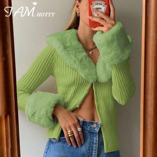 Y2K Faux Feather Patchwork Knitted Cardigan Women Sexy Elegant V Neck Button-down Korean Long Sleeve Knitwear Outfits Iamhotty