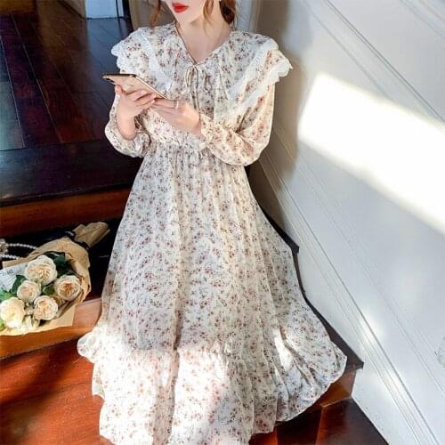 2021 Retro Lace Floral Dress Long Skirt Spring And Summer New Korean Elastic Long-Sleeved Dress Elegant Doll Collar Dress