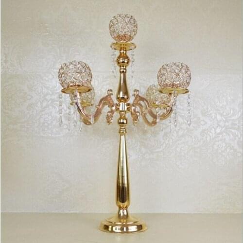 10PCS Metal Gold/Silver Candle Holders 5-Arms With Crystals Stand Pillar Candlestick For Wedding Table Centerpieces Decoration