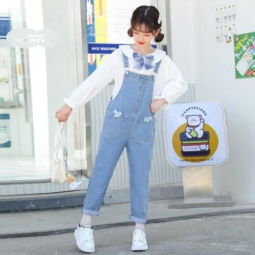 2021 Autumn Cute Teenage Girls Clothing Sets Bow Necktie Blouse White Top+Denim Overall Romper 2pcs School Outfits Kids 4-14Year