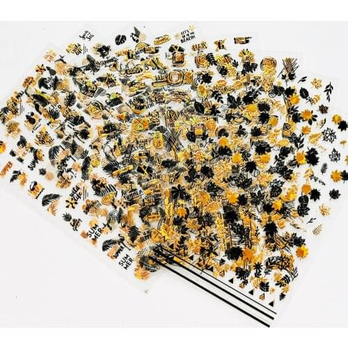 8 sheets/lot Autumn Maple Leaf Holographic Black/White/Gold/Silver Nail Art Tropical Sticker Laser 3D Adhesive Nail Decals Tr#81