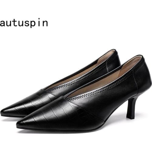 Autuspin Pointed Toe Stilettos Shoes Women Fashion Autumn Genuine Leather High Heels Pumps 2021 Party Wedding Dress Shoes Woman