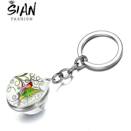 SIAN Beautiful Hummingbird Pattern Keychains Double Sided Glass Art Photo Cabochon Keychain Car Key Chain Women Men Jewelry Gift