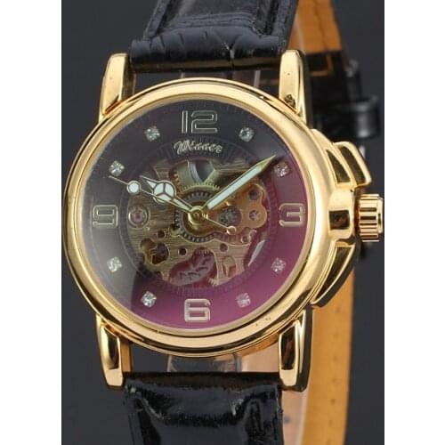 WINNER Men Women Watches Classic Wine Color Dial Auto Mechanical Fashion Casual Waterproof Leather Strap Watch