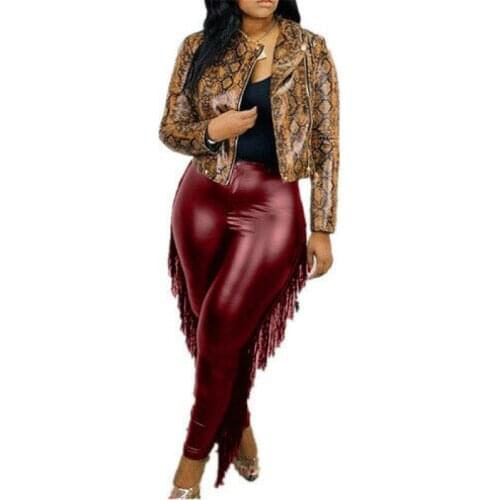 2021 Hot Woman High Waist Sexy Leather Pants and Tassel Look thin Pants Costume