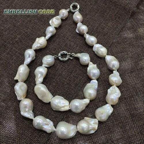 HOT necklace bracelet set large size baroque irregular white color nucleated flameball shape natural Freshwater pearl Special