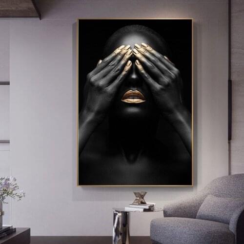 Black Hand and Gold Lip Nude Woman Canvas Painting African Posters and Print Cuadros Wall Art Picture for Living Room Home Decor