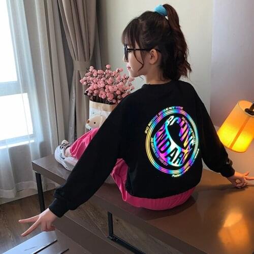 Novelty Girls Clothes Reflective Colorful letter Sweatshirt + pants Girls Tops Summer Hip hop Children Tees Christmas Streetwear