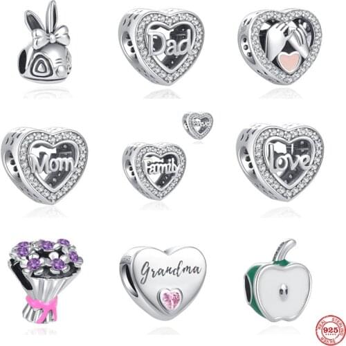 New European Heart Family Forever Love Mom Rabbit Beads Fit Original Pandora Charms Silver 925 Bracelet Jewelry Diy Accessories