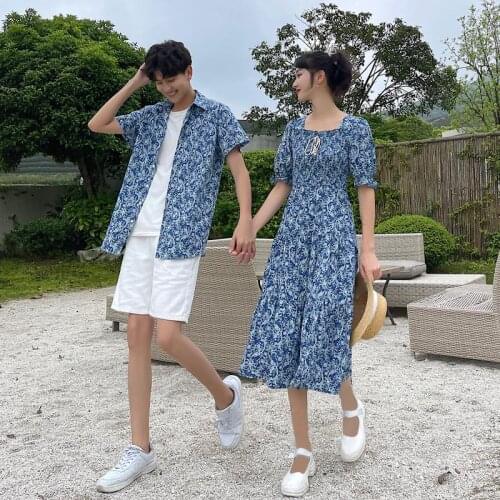 Couples wear ethnic style retro high waist floral dress shirt couples clothes couples clothing