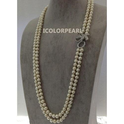 WEICOLOR 80-85cm Two Strand 8-9mm Nearround White Natural Freshwater Pearl Necklace ,Nice Rhinestone Butterfly Clasp