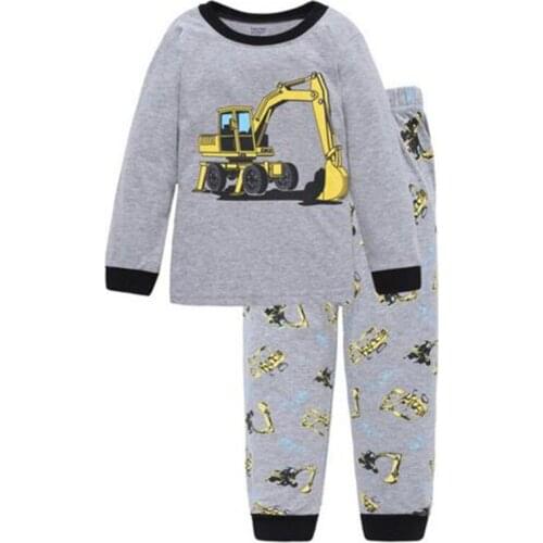 Boys Girls Pajamas Children Long Sleeve Casual Clothes Set Bodysuit Kids Cartoon Excavator Sleepwear Boys Homewear Clothing