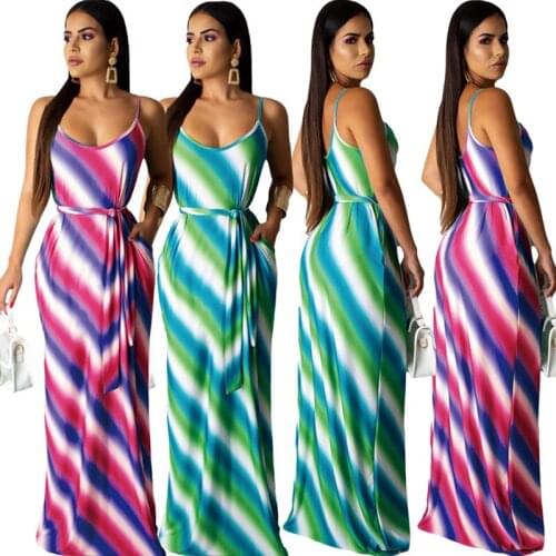 Womens Casual Striped Print Straps Long Dress with Belt