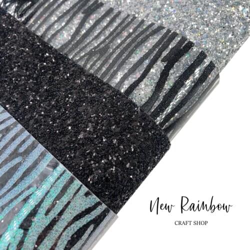 New Rainbow 30x22cm/A4 Animal Skin Zebra Glitter Transparent Faux Jelly Sheets Black & White For Making Bows, DIY Crafts, Bags
