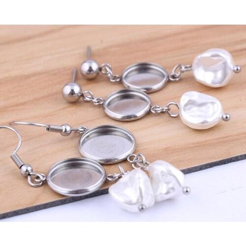 Reidgaller 10pcs Fit 10mm 12mm cabaochon dangle earring base blanks Stainless steel ear hooks findings diy pearl charm bezels