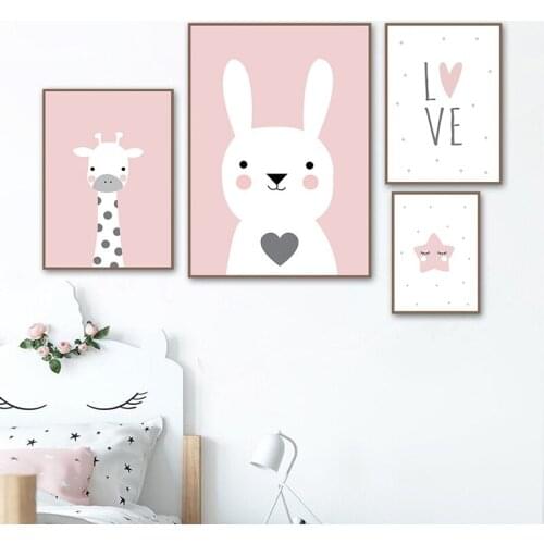 Self Adhesive Wall Sticker Rabbit Bunny Giraffe Star Posters Prints Wall Art Picture Animal Painting Baby Girl Room Decoration