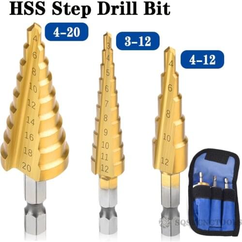 3Pcs 3-12mm 4-12mm 4-20mm HSS 4241 Straight Groove Step Drill Bit Titanium Coated Wood Metal Hole Cutter Core Drilling Tools Set