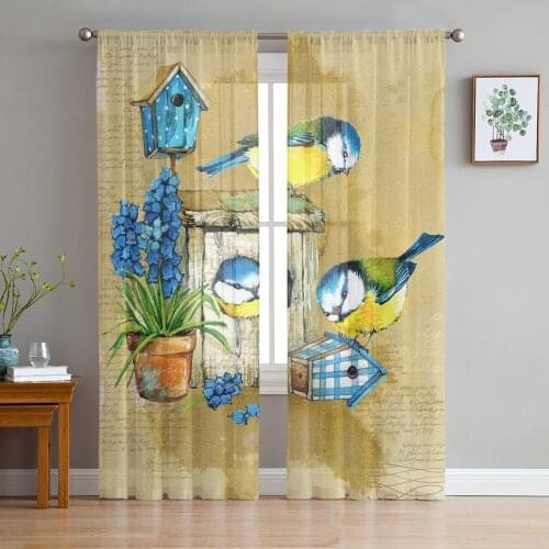 Bird Flower Watercolor Painting Tulle Curtains For Living Room Bedroom Voile Curtain Home Decoration Sheer Balcony Door Curtain