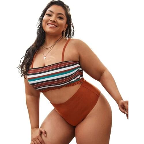 Vintage Swimsuit Stripes Bikini Set Woman 2021 New Summer High Waist Plus Size Swimwear Bandeau Push Up Bathing Suits Big Breast