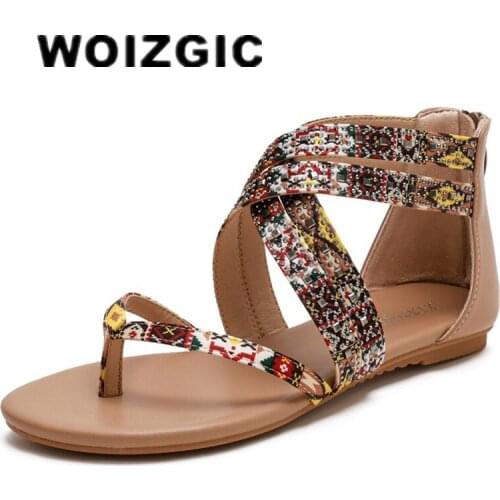 DONGNANFENG Women Female Ladies Sandals Flats Shoes PU Leather Slip On Summer Cool Beach Ethnic Style Plus Size 41 42