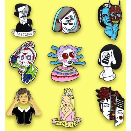 Girl Women Brooch Mask Killer Jason,PIZZA QUEEN,Poecasso,Many eyes Girl space Blue Alien Woman Feminism Enamel Pin Badge Jewelry