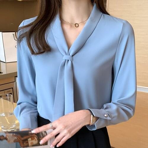 Long Sleeve Chiffon Blouse Shirt Blouse Women Blusas Mujer De Moda 2021 Bow V-Neck Office Lady Blouse Tops Women Blouses E203