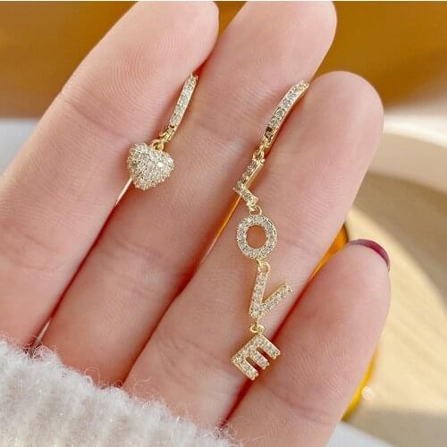 Romantic Jewelry Cubic Zircon CZ Letter LOVE Stud Earrings for Women 14K Real Gold Heart Earrings