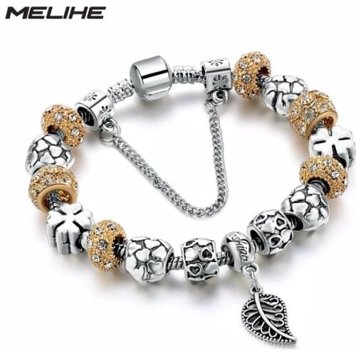 MELIHE Leaf Charm Bracelet Women 2019 Silver Plated Beads Bracelets Bangles Crystal Diy Jewelry SBR160148