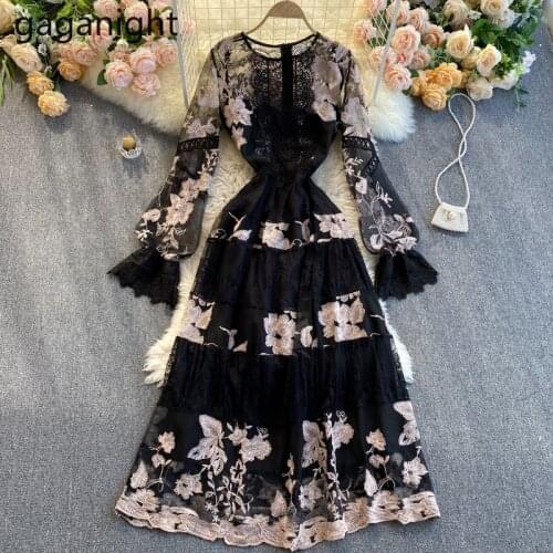 Gaganight French Vintage O-Neck High Waist Vestidos Long Sleeve Lace Embroidery Fashion Hollow Out Women Dresses Office Ladies