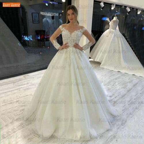 New White Long Sleeves Wedding Dress O Neck 2021 vestido de novia Ivory Tulle Cinderella Bridal Gowns Custom Made hochzeitskleid