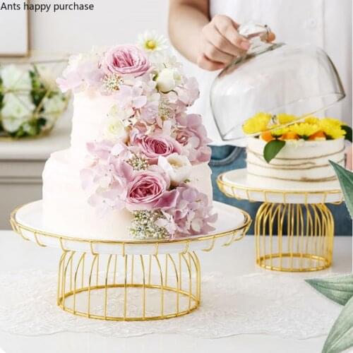 Golden Wrought Iron Cake Plate with Glass Cover Cake Dessert Table Decoration Display Tray with Cover White Ceramic Plate