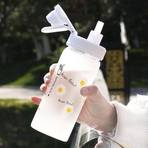 500ml Cute Daisy Glass Straw Water Bottle With Scale Cartoon Dog Cat Milk Coffee Cup Student Sport Travel Portable water Bottles