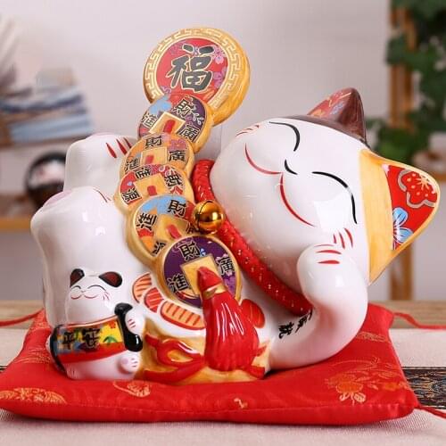 8 inch Ceramic Maneki Neko Ornament Lucky Cat Money Box Fortune Cat Home Decoration Gift Feng Shui Piggy Bank Statue